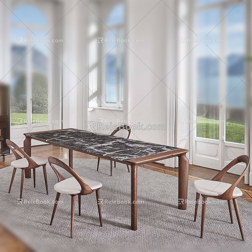 Italian Style Black Walnut Solid Wood Dining Table and Chair Natural Marble Dining Table Modern Simple Luxury Stone Dining Table Luxury Stone Dining Table and Chair Solid Wood Dining Table and Chair 3d model