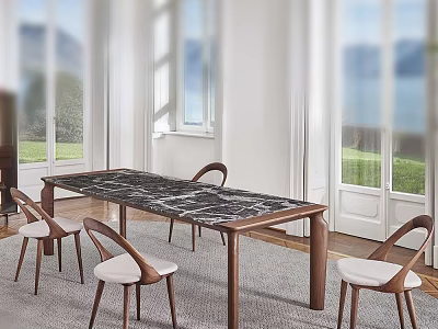 Wooden Dining Table with Marble Top and Upholstered Chairs in Bright Room with Natural View 3d model