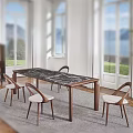 Wooden Dining Table with Marble Top and Upholstered Chairs in Bright Room with Natural View