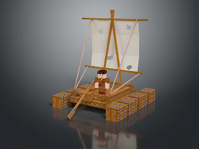Minecraft Style Wooden Boat With White Sail Character And Crate Float Base 3d model