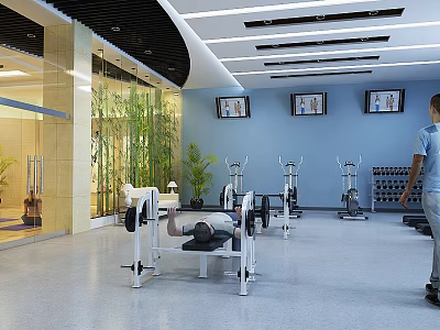Modern Gym Interior With Fitness Equipment Barbell Bench Treadmills And Blue Walls 3d model