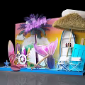 Colorful Beach Holiday Scene With Palm Tree Surfboards Flamingo And Straw Umbrella 3d model