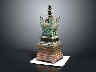 Ancient Bronze Pagoda With Multi Tiered Structure Square Base And Intricate Carvings On White Pedestal 3d model
