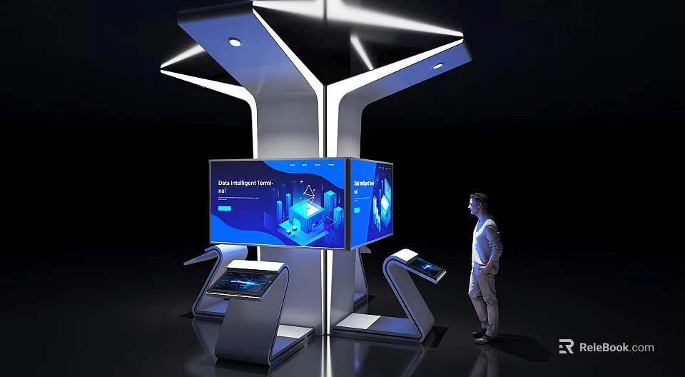 Modern Digital Display Shelf with LED Lighting Multiple Screens and Interactive Touch Panels 3d model 