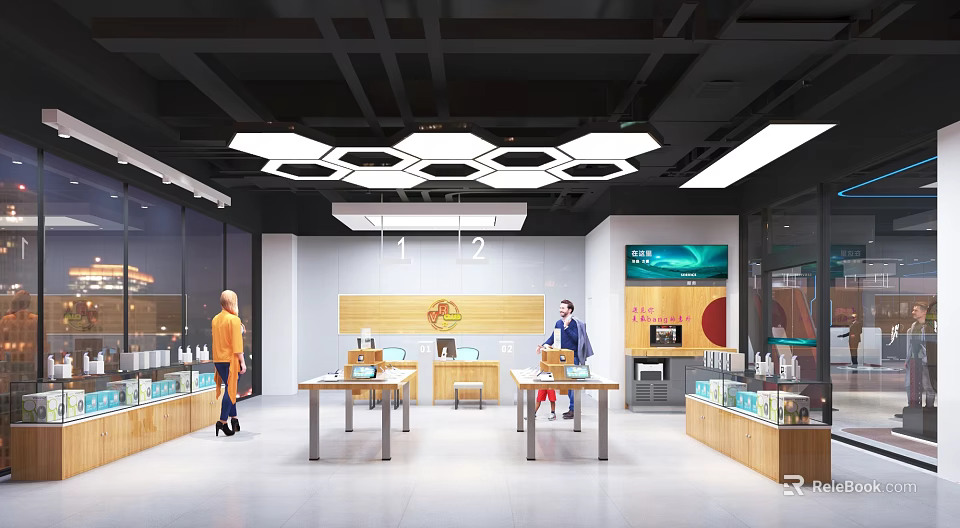 Modern Retail Store Interior With Hexagonal Ceiling Lights Wooden Display Tables And Digital Screens 3d model 