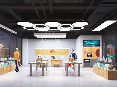 Modern Retail Store Interior With Hexagonal Ceiling Lights Wooden Display Tables And Digital Screens 3d model
