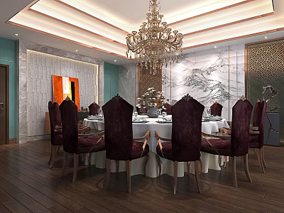 Elegant Chinese Private Dining Room With Round Table Purple Chairs Chandelier And Landscape Painting Wall Decor 3d model