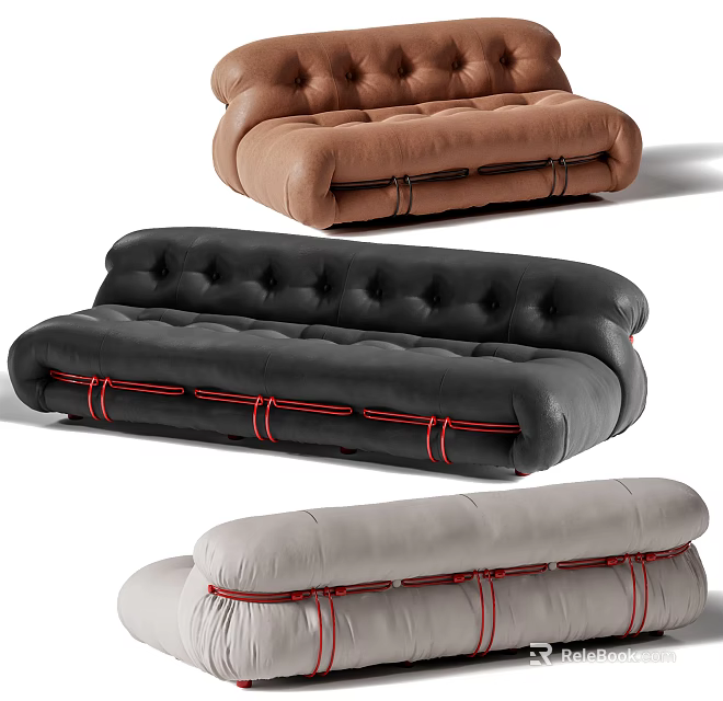 Modern Sectional Sofa Design With Tufted Upholstery Brown Black Gray And Red Stitching 3d model 