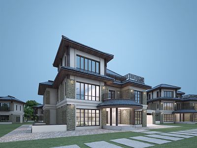 modern single-family villa group 3d model