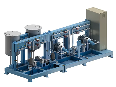 Blue Industrial Equipment System with Cylindrical Tanks Pipes Motors and Control Cabinet 3d model