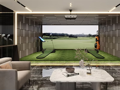 Indoor Golf Simulator Setup For Home Fitness Training With Large Screen And Hitting Mats 3d model