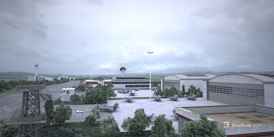 Aerial Planning of Airport Tarmac with Aircraft Hangars Trees and Facilities 3d model 