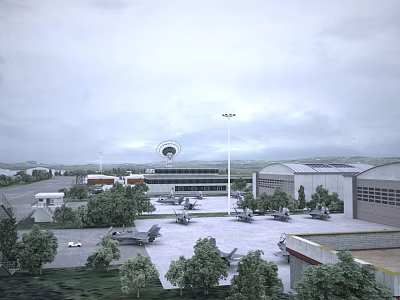 Aerial Planning of Airport Tarmac with Aircraft Hangars Trees and Facilities 3d model