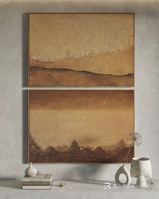 Abstract Landscape Paintings With Brown Beige Tones Mountain Moon And Tree Elements 3d model