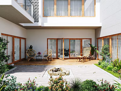 Garden Landscape Featuring Wooden Deck Outdoor Seating Greenery And Wooden Framed Windows 3d model
