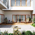 Garden Landscape Featuring Wooden Deck Outdoor Seating Greenery And Wooden Framed Windows