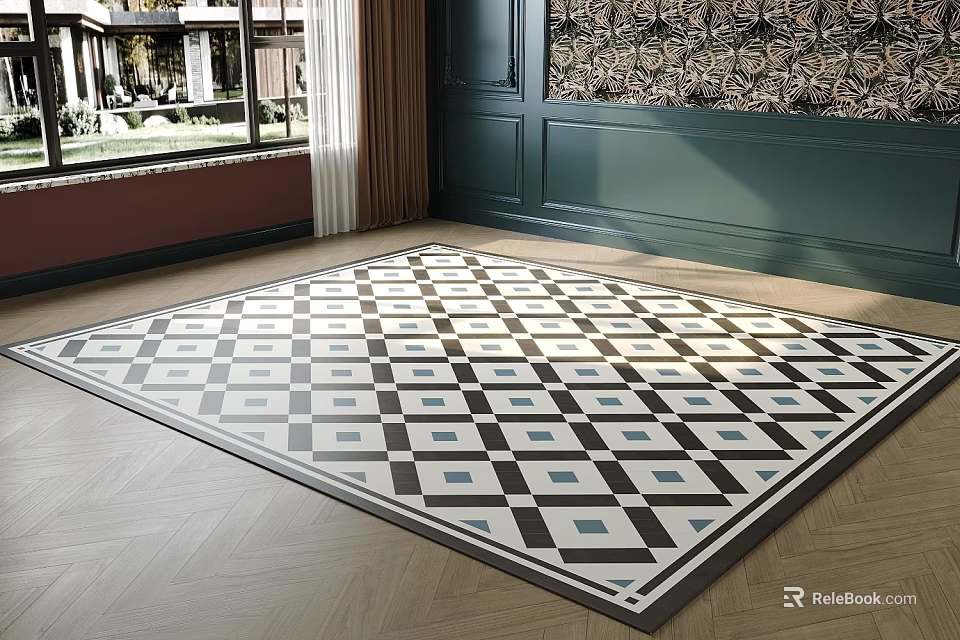 Modern Square Carpet With Black White Blue Geometric Grid Pattern For Living Room 3d model 