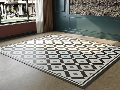 Modern Square Carpet With Black White Blue Geometric Grid Pattern For Living Room 3d model