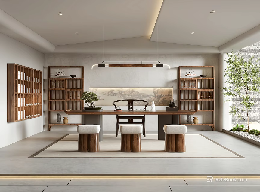 Modern Chinese Style Tea Room With Table Chairs And Bookcases 3d model