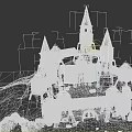 Cartoon Style Fantasy Castle With Multiple Pointed Towers Wooden Stone Structure On Hill And Rocks