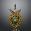 Elegant Gold Pendant With Blue Gemstone Intricate Patterns And Wing Accents