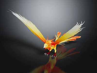 Phoenix With Yellow And Red Feathers Spreading Wings On Dark Background With Reflection 3d model