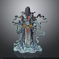 Woman Fantasy Character 3D Model With Blue Flowing Ribbons And Red Decorations