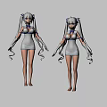 Game Movie Character White Dress Long Gray Hair Twin Tails Blue Bow White Gloves Barefoot