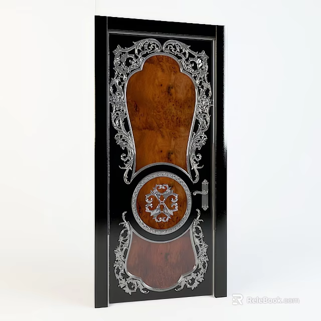 Elegant Wooden Swing Door With Intricate Carved Patterns And Silver Accents 3d model 