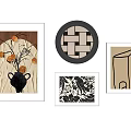 Various Abstract Paintings with Framed Artwork Geometric Patterns and Woven Design on Wall 3d model