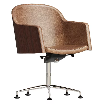 Modern Office Chair With Leather Upholstery And Wooden Armrests On Metal Base 3d model