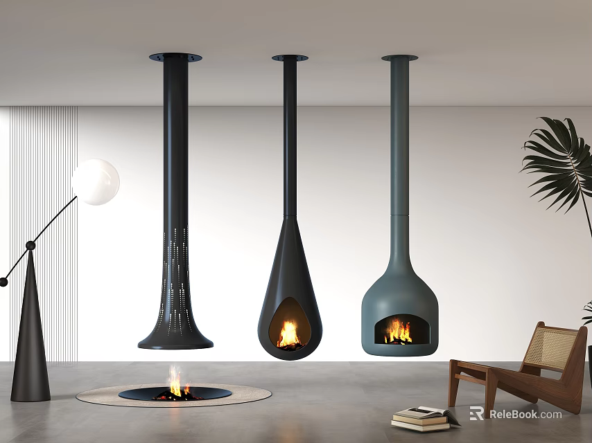 Modern Hanging Fireplaces With Different Shapes And Flames In Indoor Space 3d model 