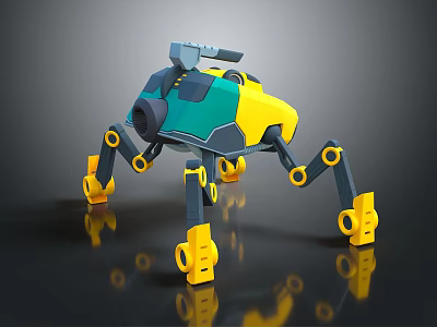 Yellow And Blue Mechanical Creature With Multi Legged Structure And Weapon Like Design 3d model
