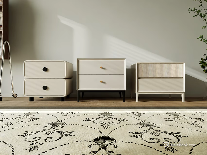 Three Stylish Bedside Tables With Drawers In Modern Bedroom Interior With Floral Rug And Plant 3d model 