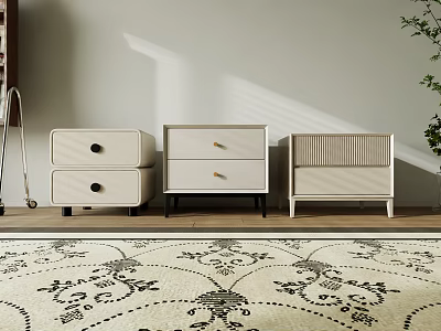 Three Stylish Bedside Tables With Drawers In Modern Bedroom Interior With Floral Rug And Plant 3d model