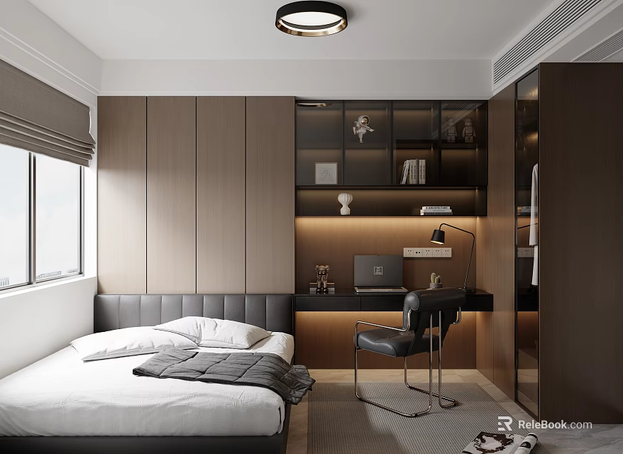 Modern Tatami Bedroom Interior With Wooden Walls Desk Chair And Bookshelf 3d model 