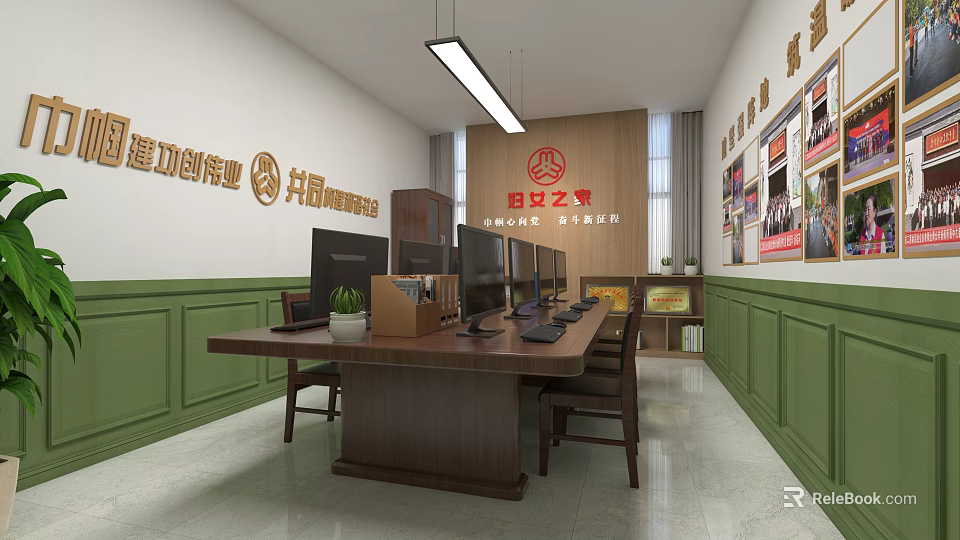Modern Office Interior With Wooden Desk Computers Plant Green Walls Posters And Slogans 3d model 