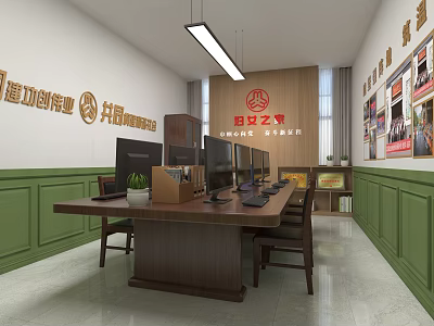 Modern Office Interior With Wooden Desk Computers Plant Green Walls Posters And Slogans 3d model