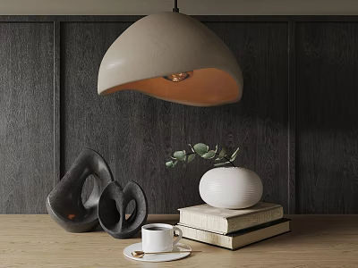 Elegant Ornament Set With Black Abstract Ornaments White Vase Greenery And Books On Wooden Table 3d model