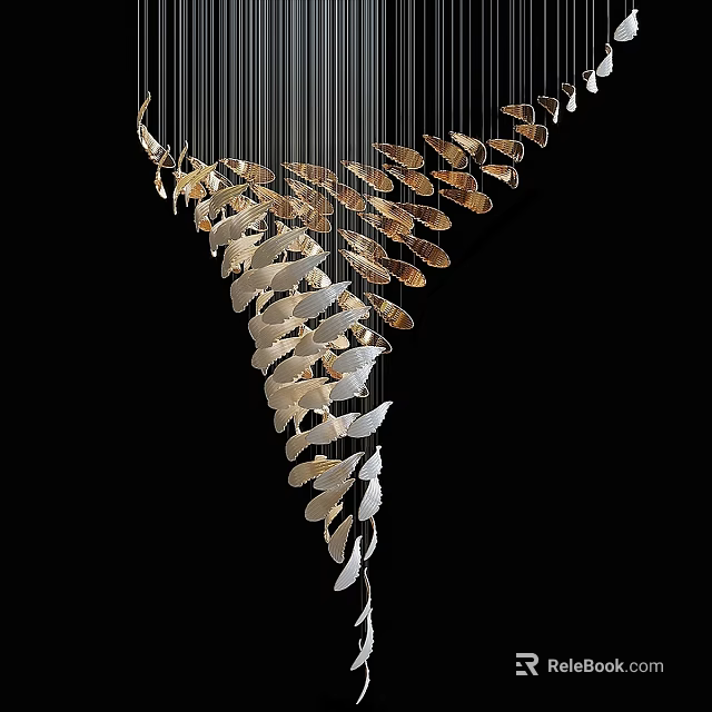 Modern Elegant Chandelier With Leaf Shaped Metallic Elements In Spiral Arrangement 3d model 