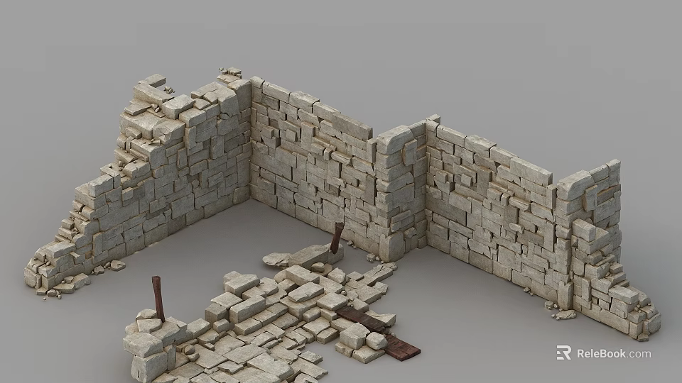 Broken Stone Wall With Scattered Stones And Wooden Stakes On Ground 3d model 