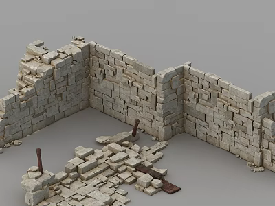Broken Stone Wall With Scattered Stones And Wooden Stakes On Ground 3d model