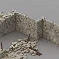 Broken Stone Wall With Scattered Stones And Wooden Stakes On Ground