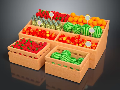 Fresh Fruits Display in Wooden Crates with Strawberries Watermelons Pineapples Oranges and Cherries 3d model
