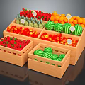 Fresh Fruits Display in Wooden Crates with Strawberries Watermelons Pineapples Oranges and Cherries