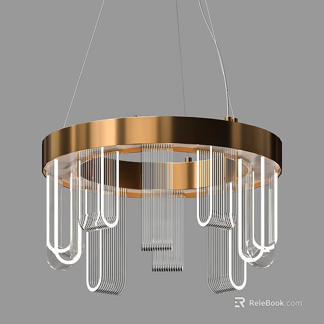 Elegant Modern Chandelier With Circular Golden Frame And White Hanging Lines 3d model 