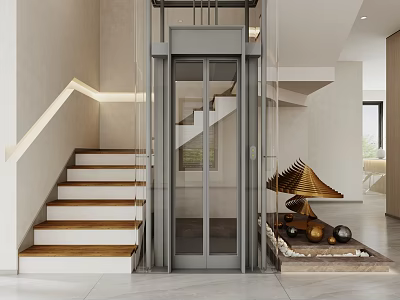 Modern Residential Interior With Glass Elevator Wooden Staircase And Decorative Sculpture 3d model