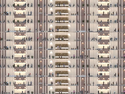 Multi Storey Office Building Exterior With Balconies And People On Each Floor 3d model