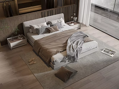 Modern Double Bed Interior With Soft Bedding Pillows Wooden Nightstand And Area Rug 3d model