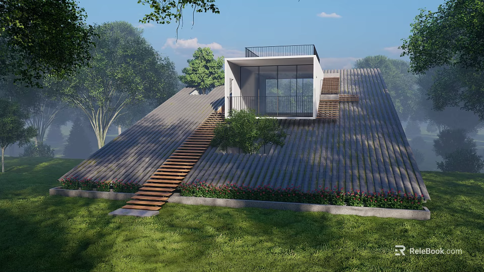 Modern Detached Villa With Sloped Wooden Roof Staircase Large Windows And Green Lawn Surroundings 3d model 